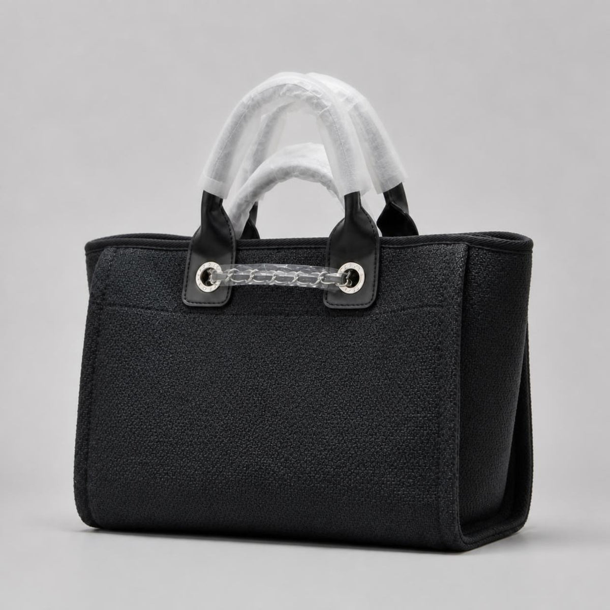 Black Woven Canvas Tote Bag with White Embroidered Lettering and Silver Chain Strap