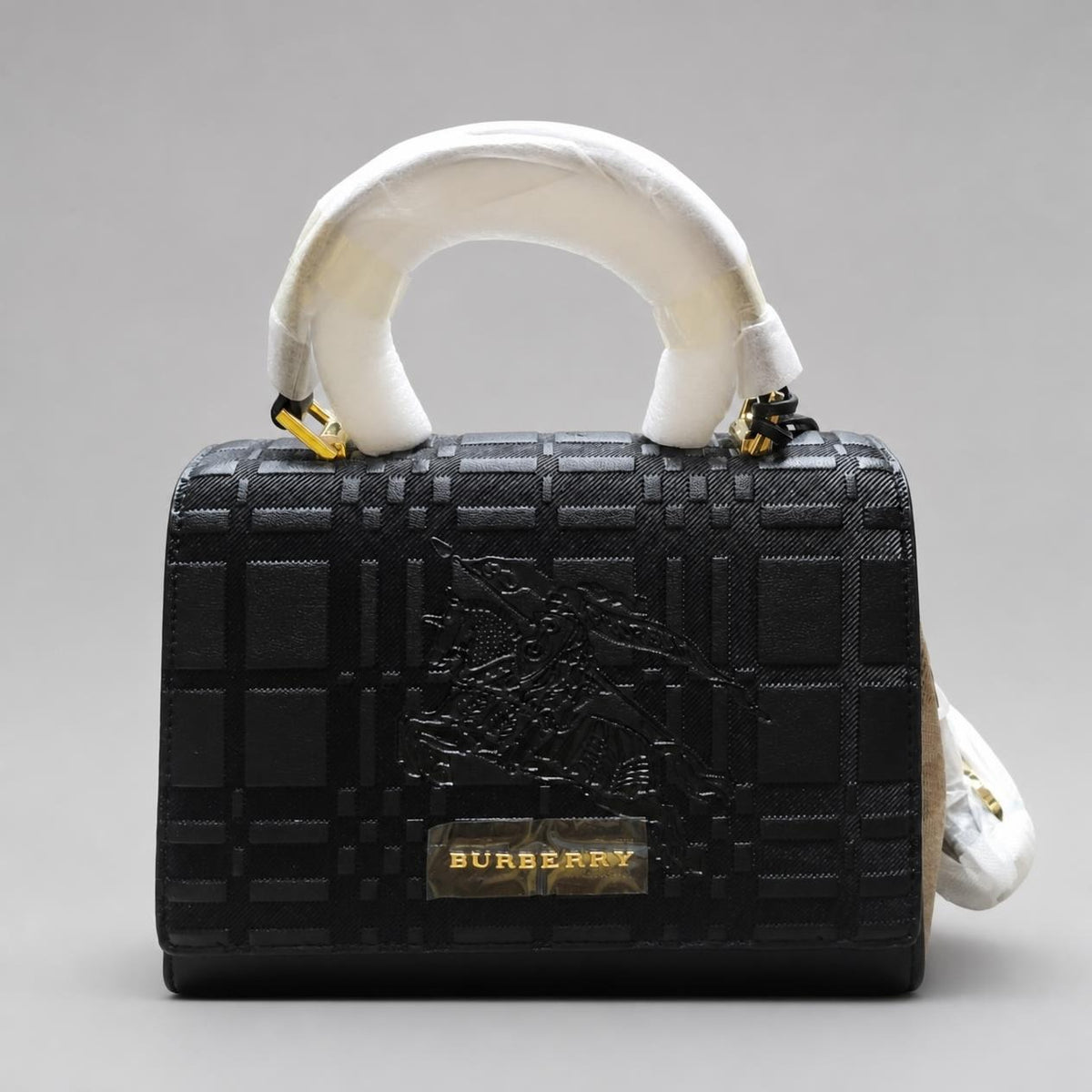 Black Embossed Plaid Mini Top-Handle Bag with Gold Hardware and Crossbody Strap