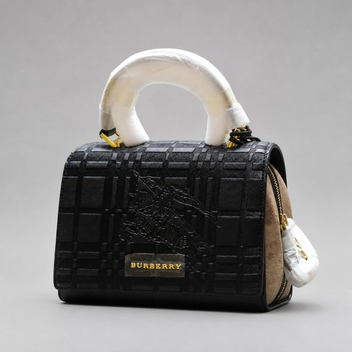 Black Embossed Plaid Mini Top-Handle Bag with Gold Hardware and Crossbody Strap