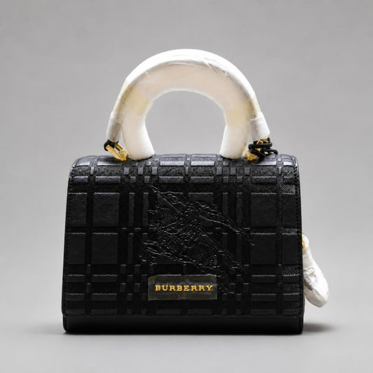 Black Embossed Plaid Mini Top-Handle Bag with Gold Hardware and Crossbody Strap