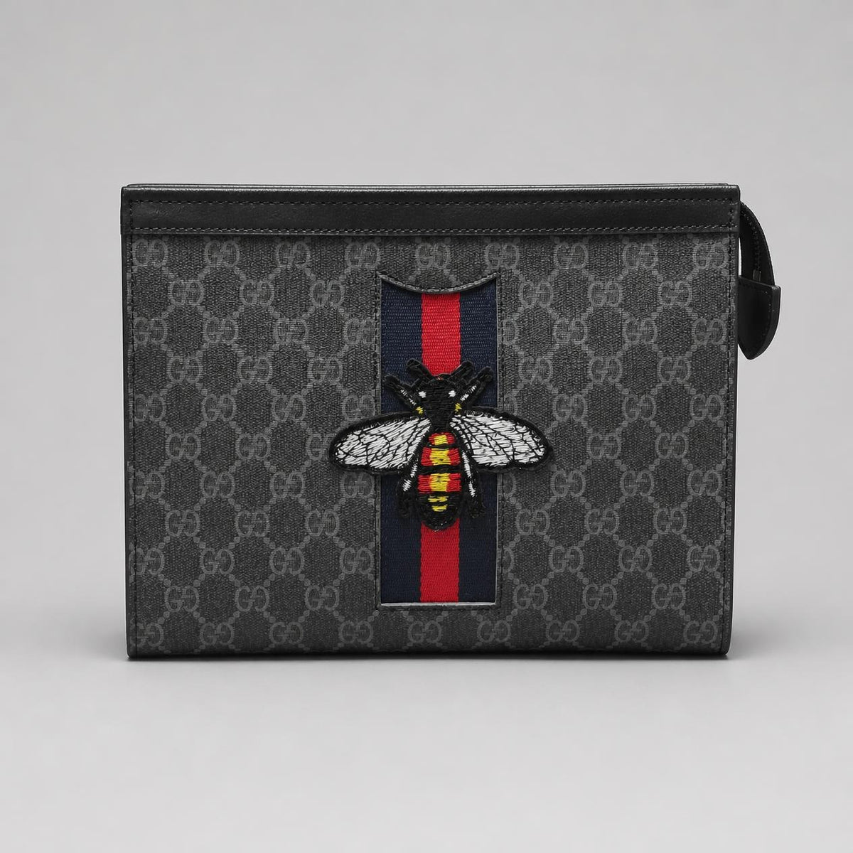 Black and Grey Monogram Print Zip Pouch Clutch with Embroidered Bee Patch and Striped Band