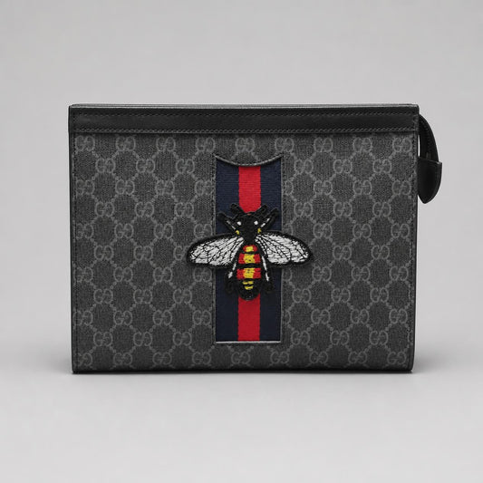 Black and Grey Monogram Print Zip Pouch Clutch with Embroidered Bee Patch and Striped Band