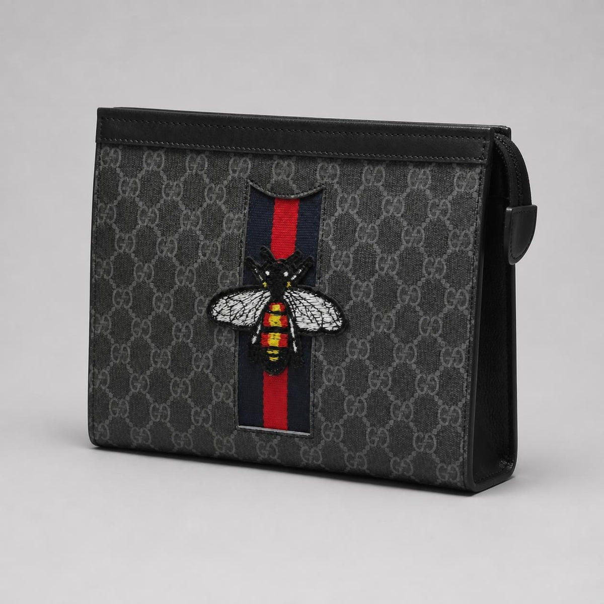 Black and Grey Monogram Print Zip Pouch Clutch with Embroidered Bee Patch and Striped Band
