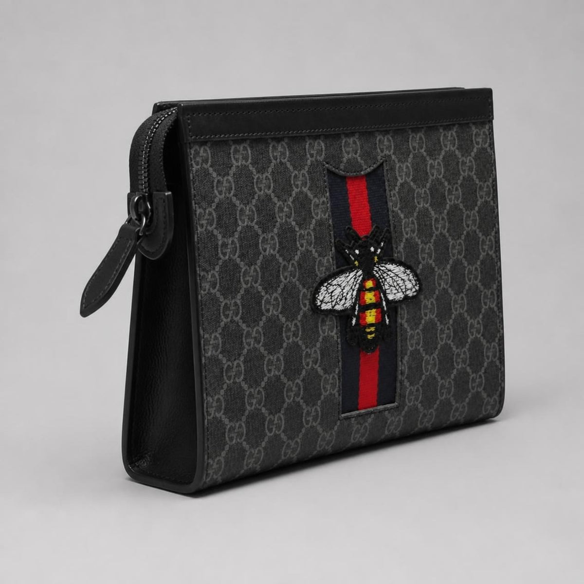 Black and Grey Monogram Print Zip Pouch Clutch with Embroidered Bee Patch and Striped Band