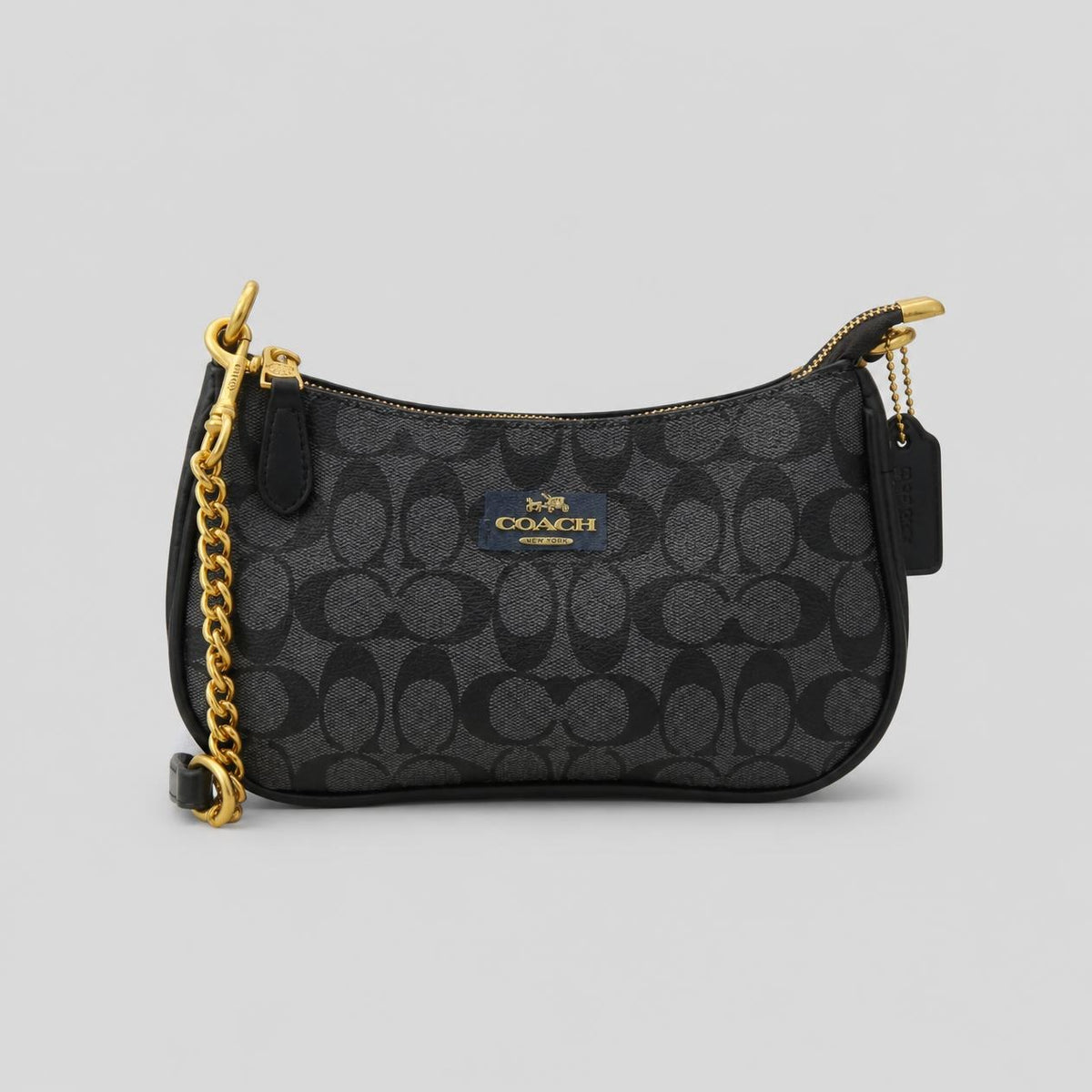 Black and Charcoal Printed Mini Shoulder Bag with Gold Chain Strap