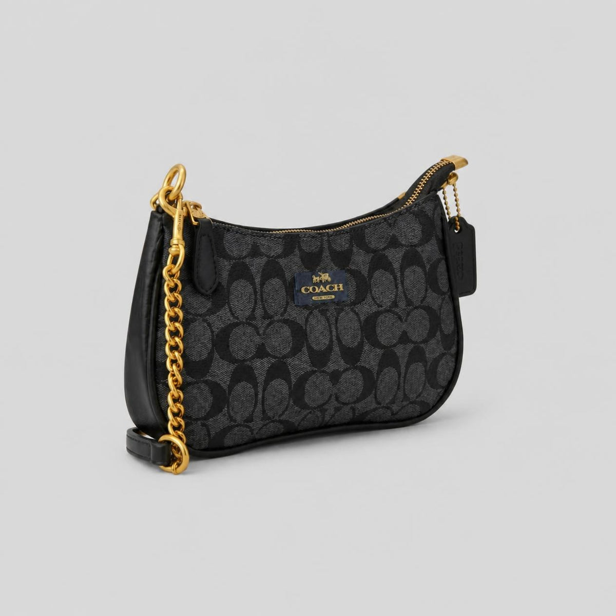 Black and Charcoal Printed Mini Shoulder Bag with Gold Chain Strap