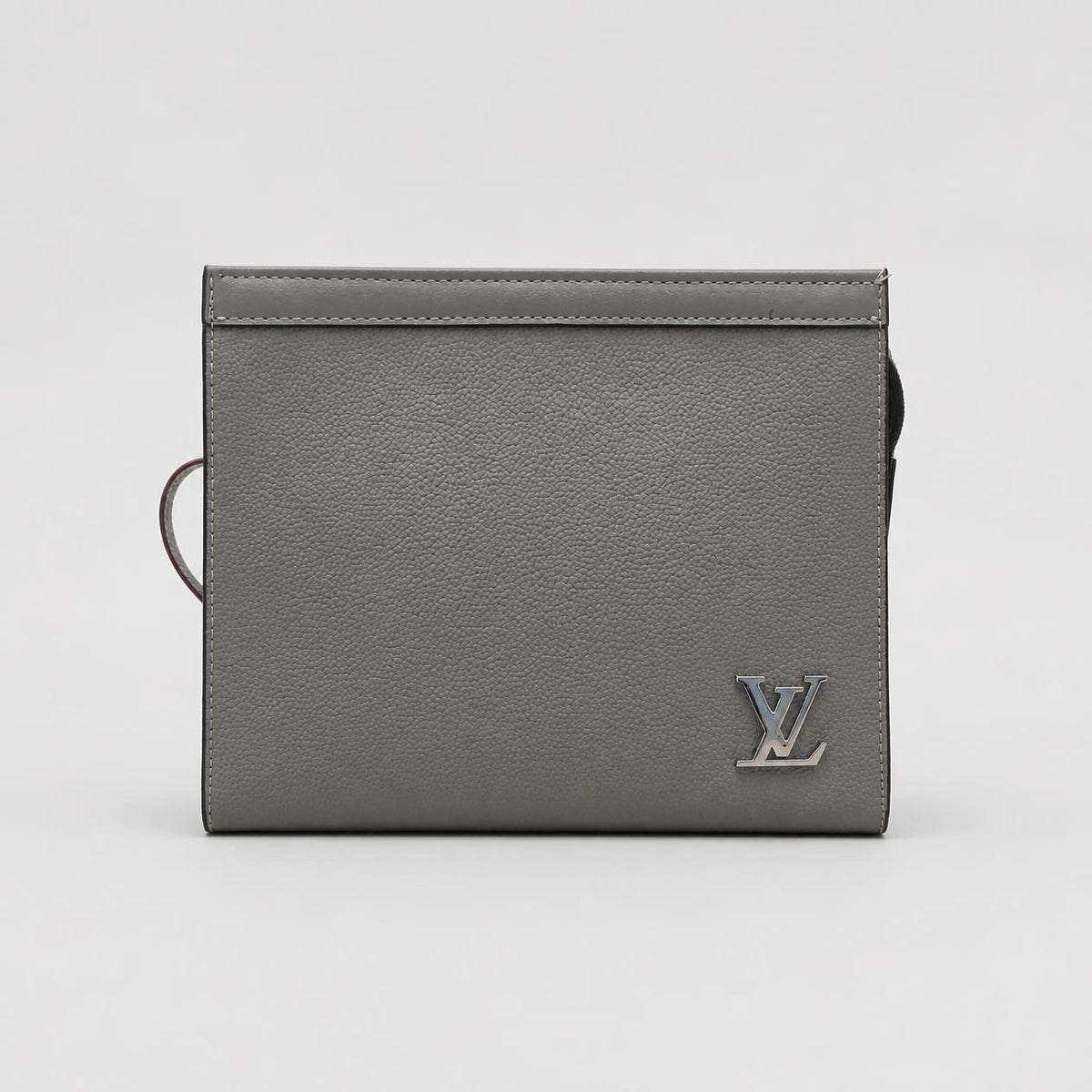 Grey Textured Leather-Look Zip Pouch Clutch with Wrist Strap and Silver Hardware