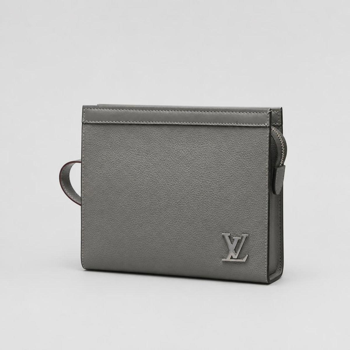Grey Textured Leather-Look Zip Pouch Clutch with Wrist Strap and Silver Hardware