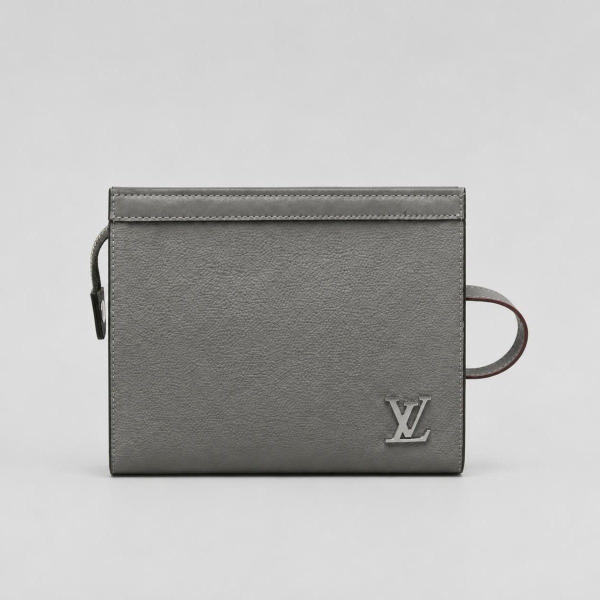 Grey Textured Leather-Look Zip Pouch Clutch with Wrist Strap and Silver Hardware