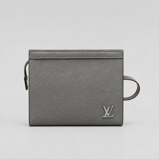 Grey Textured Leather-Look Zip Pouch Clutch with Wrist Strap and Silver Hardware