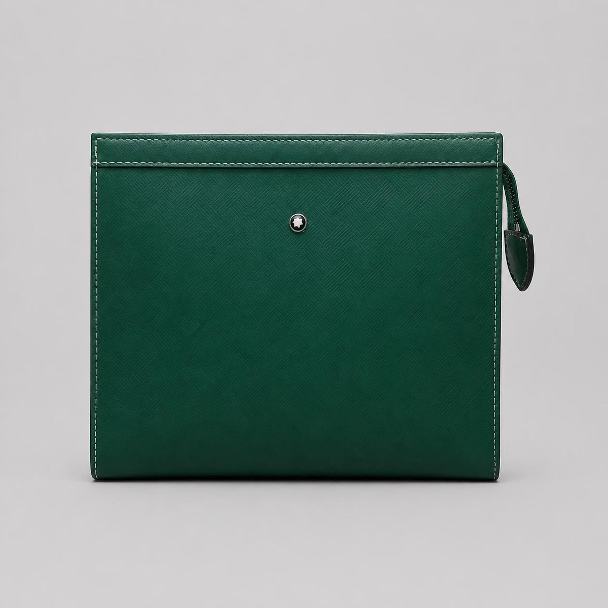 Forest Green Textured Leather-Look Zip Pouch Clutch with Contrast Stitching