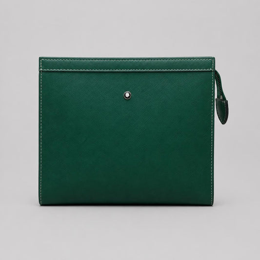 Forest Green Textured Leather-Look Zip Pouch Clutch with Contrast Stitching