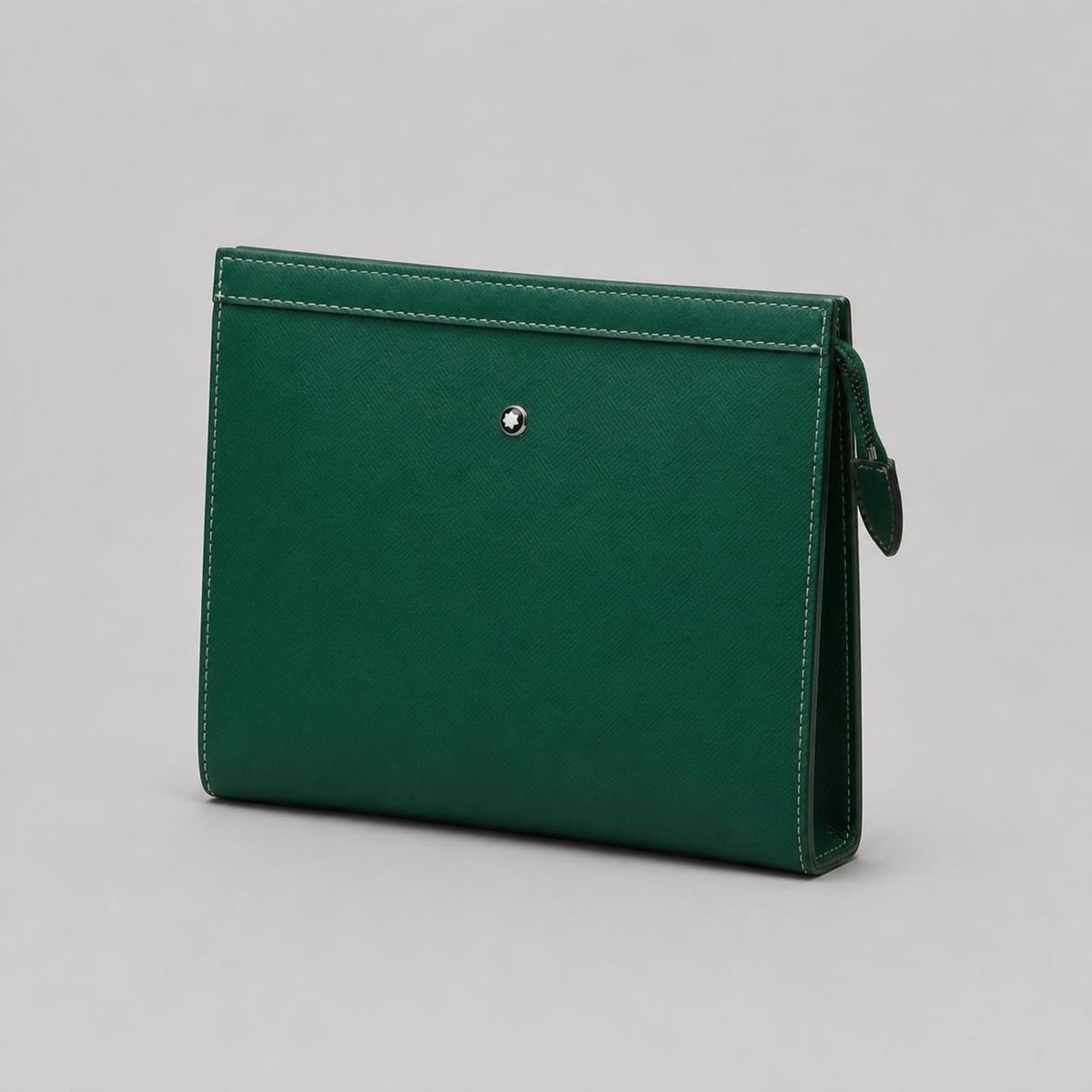 Forest Green Textured Leather-Look Zip Pouch Clutch with Contrast Stitching