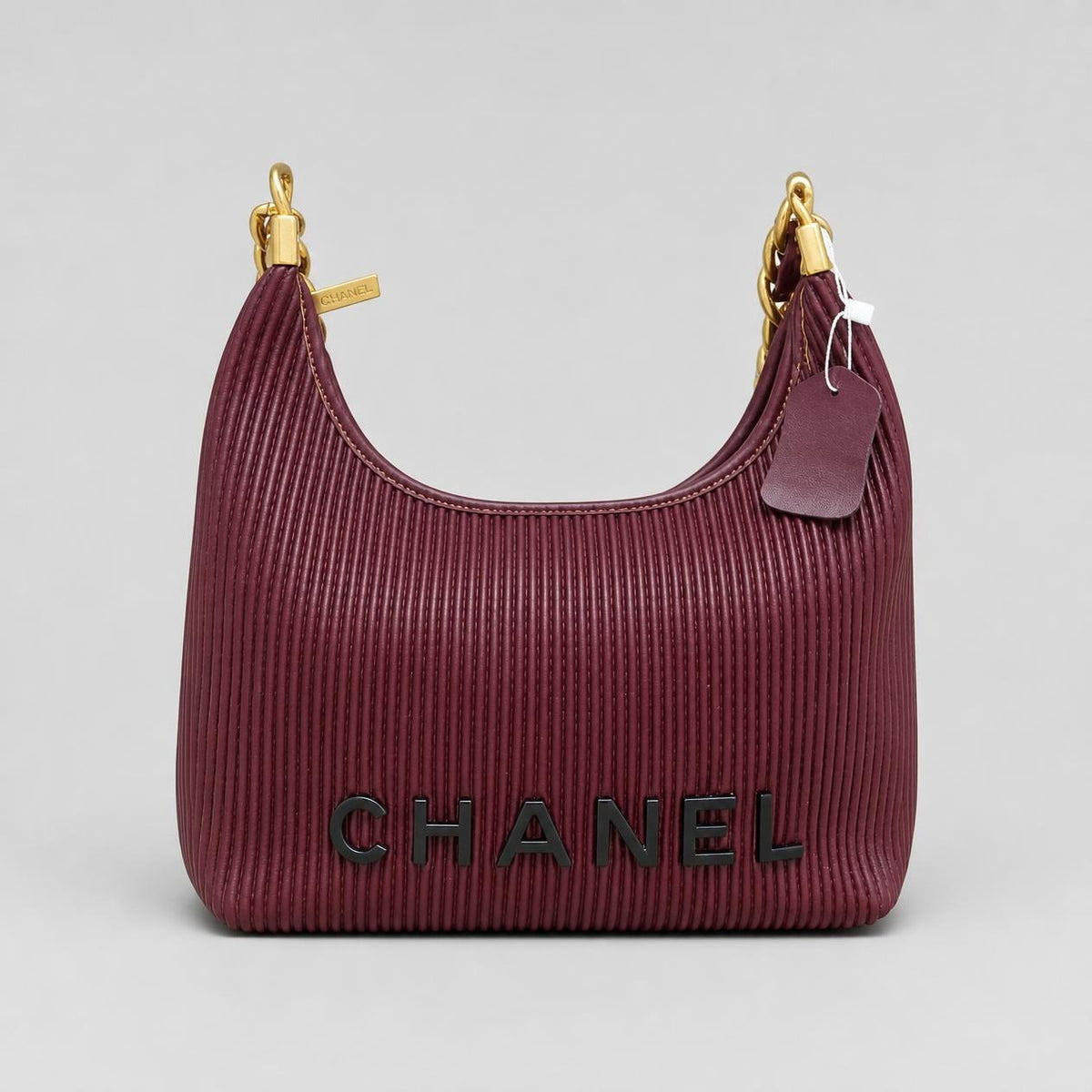 Burgundy Pleated Leather-Look Hobo Shoulder Bag with Chunky Gold Chain Straps