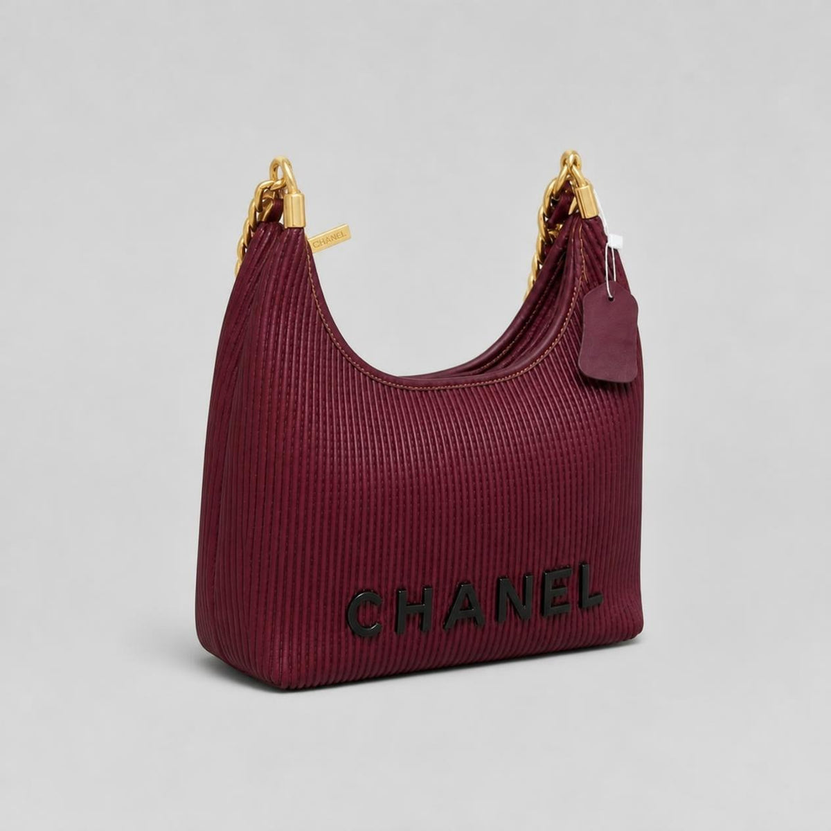 Burgundy Pleated Leather-Look Hobo Shoulder Bag with Chunky Gold Chain Straps