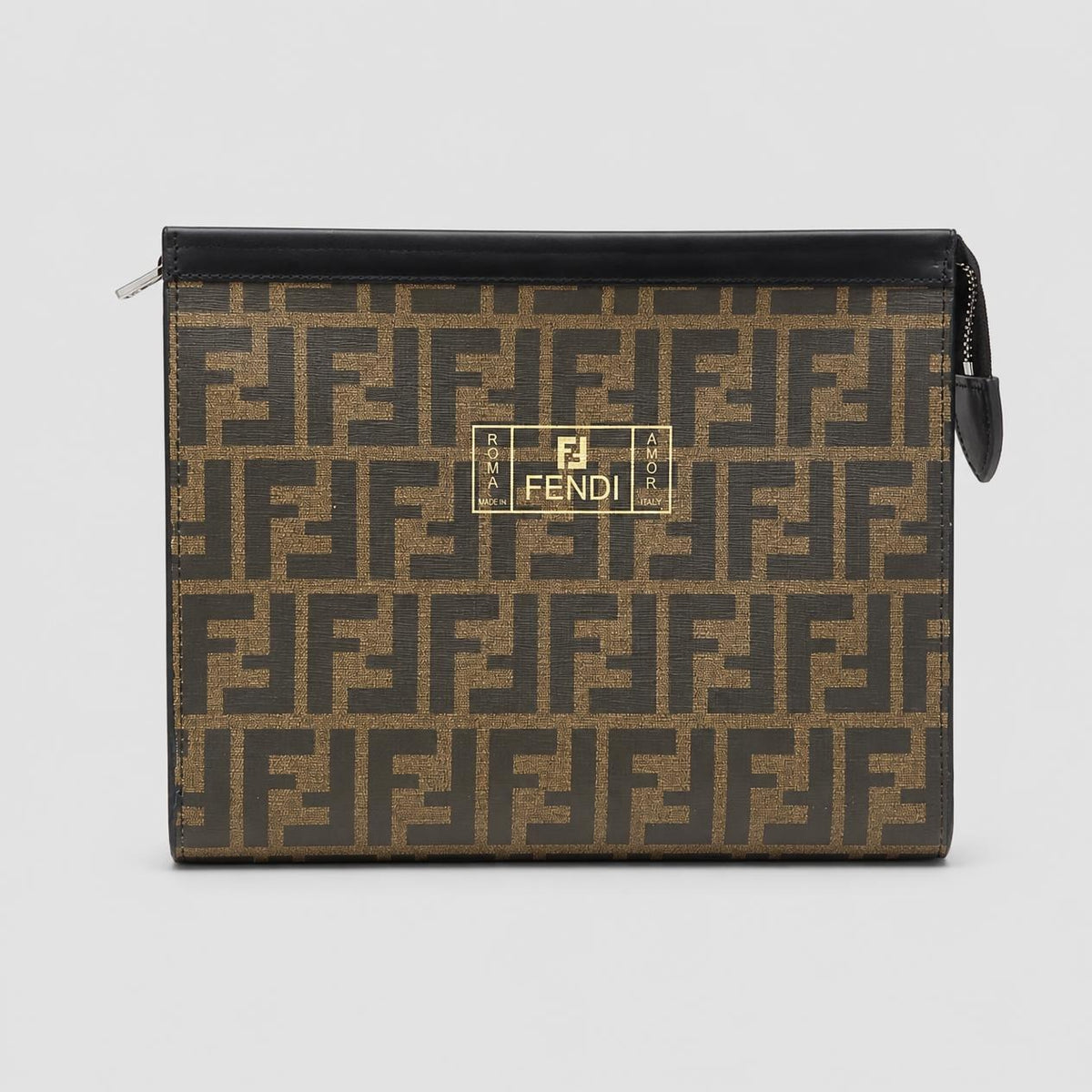 Brown and Black Bold Letter Print Zip Pouch Clutch with Black Leather-Look Trim