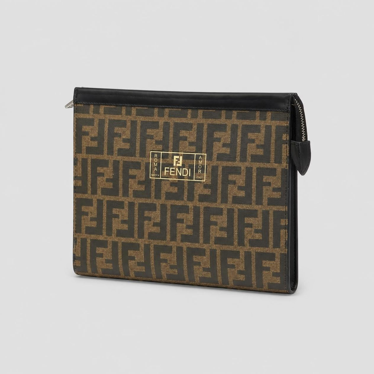 Brown and Black Bold Letter Print Zip Pouch Clutch with Black Leather-Look Trim