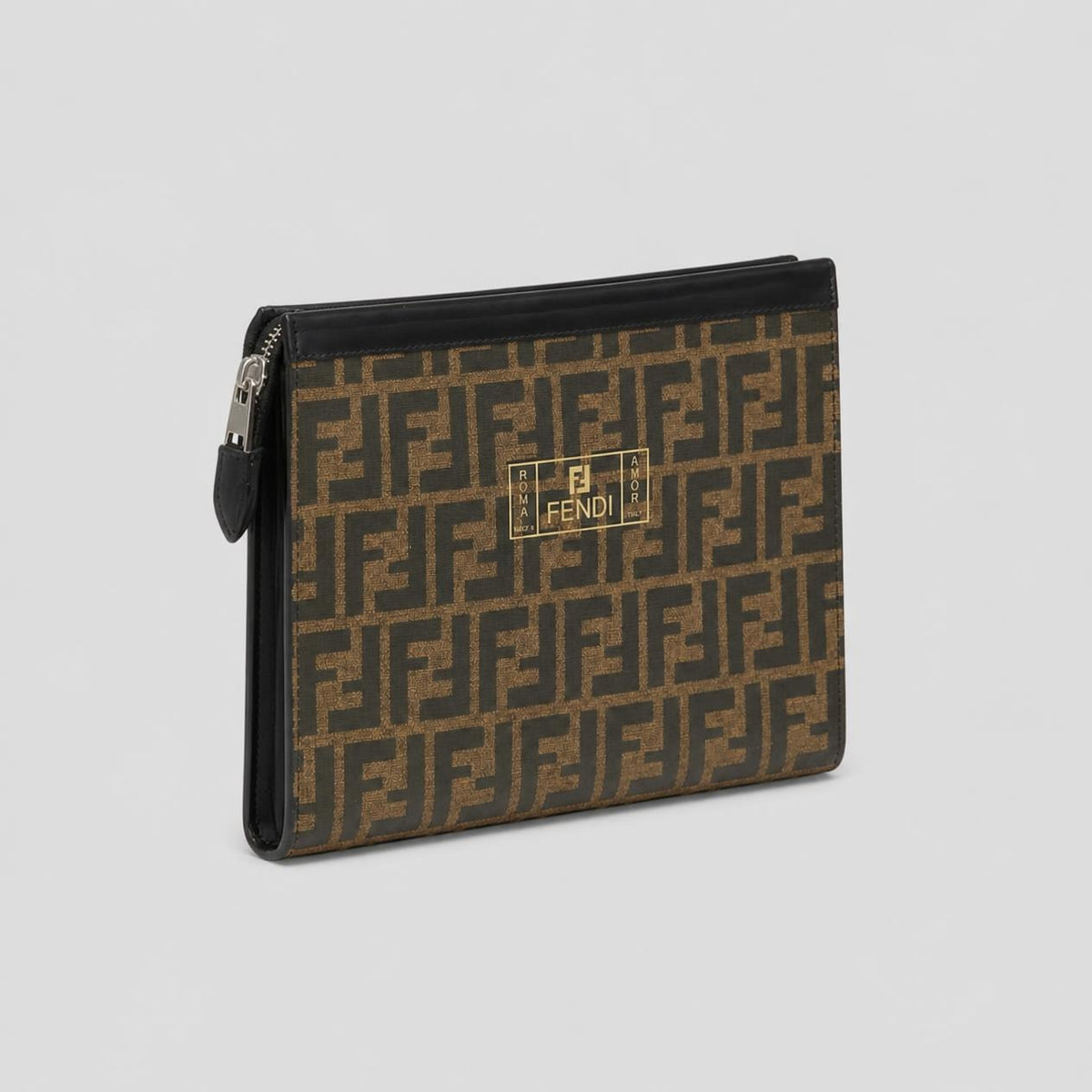 Brown and Black Bold Letter Print Zip Pouch Clutch with Black Leather-Look Trim