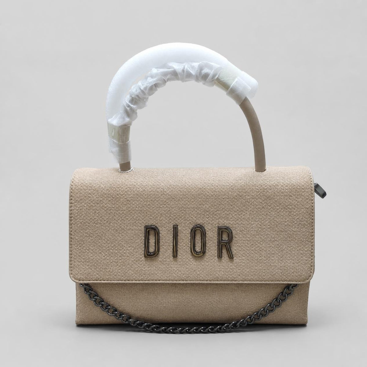 Beige Top-Handle Flap Handbag with Detachable Chain Strap