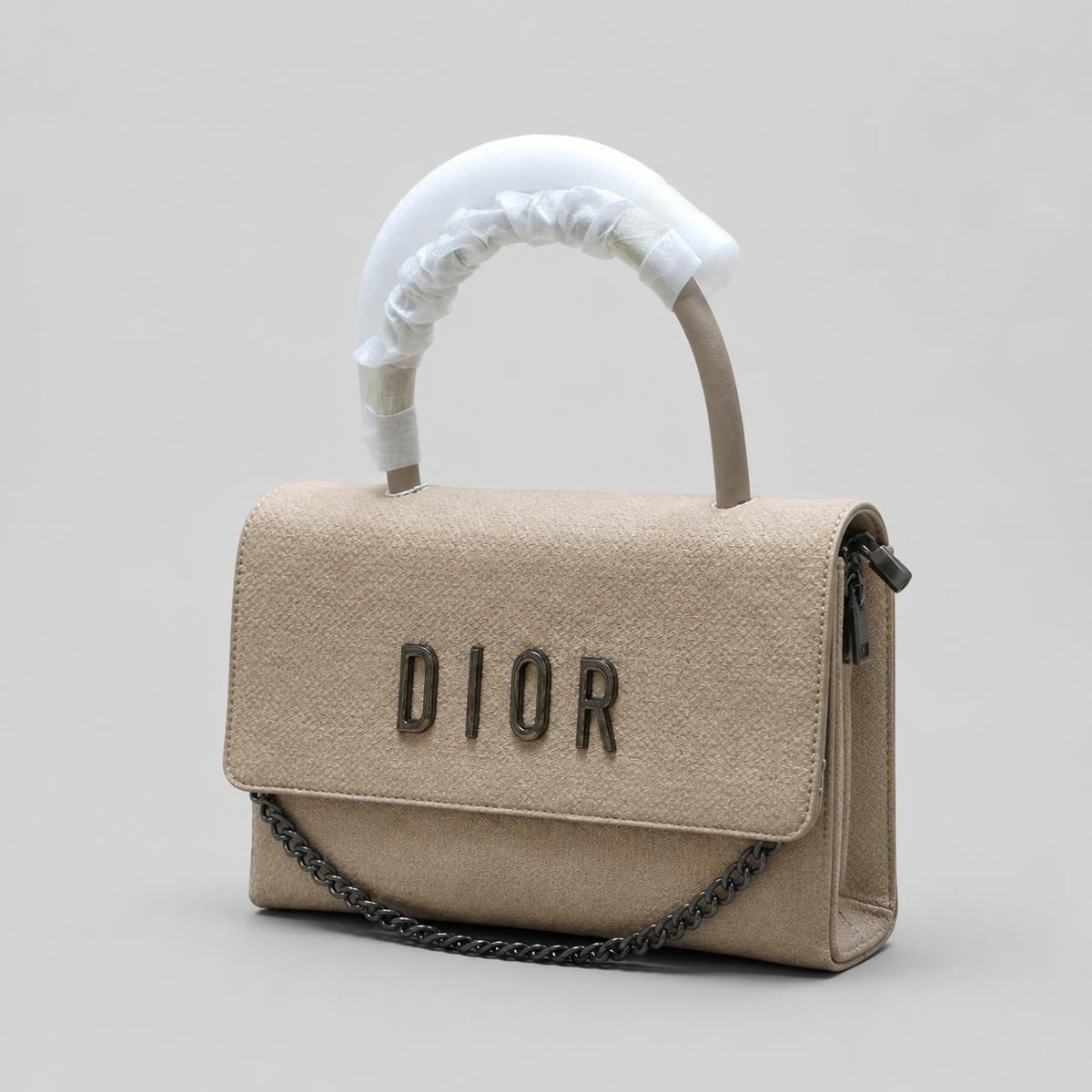 Beige Top-Handle Flap Handbag with Detachable Chain Strap