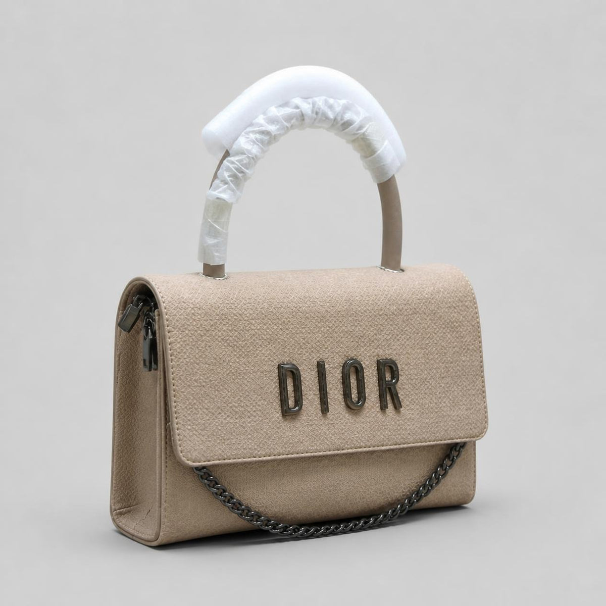 Beige Top-Handle Flap Handbag with Detachable Chain Strap