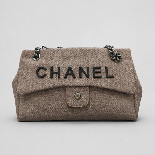 Taupe Textured Canvas Shoulder Bag with Gunmetal Chain Strap