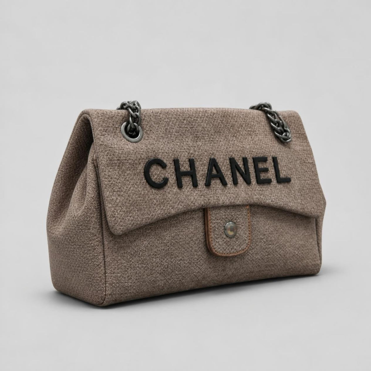 Taupe Textured Canvas Shoulder Bag with Gunmetal Chain Strap