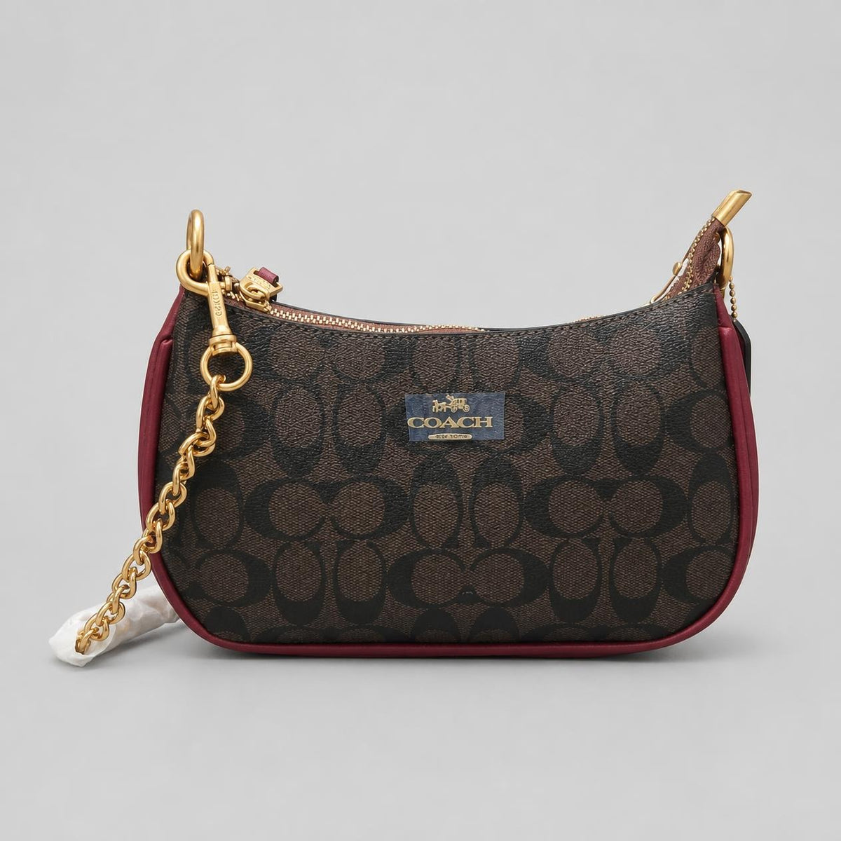Brown Monogram-Print Shoulder Bag with Burgundy Trim and Gold Chain Strap