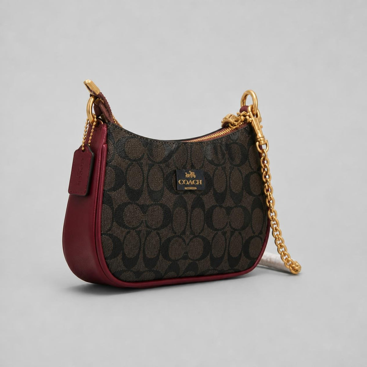 Brown Monogram-Print Shoulder Bag with Burgundy Trim and Gold Chain Strap