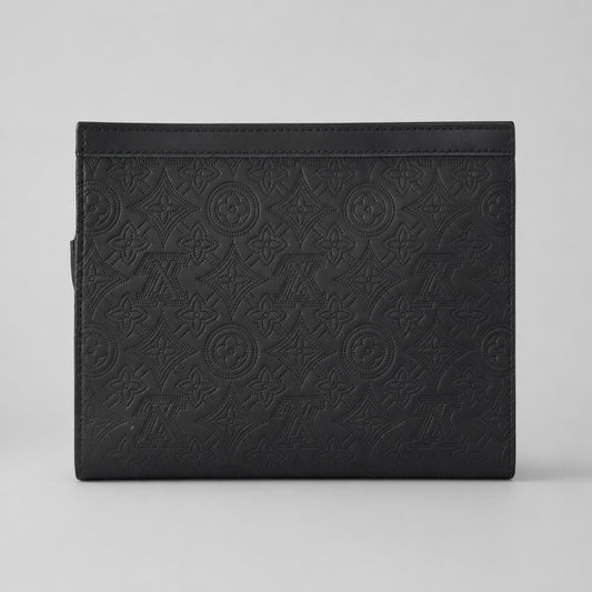 Black Embossed Leather-Look Clutch with Geometric Floral Pattern