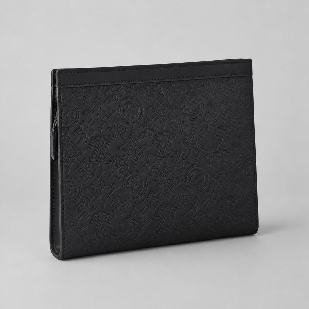 Black Embossed Leather-Look Clutch with Geometric Floral Pattern