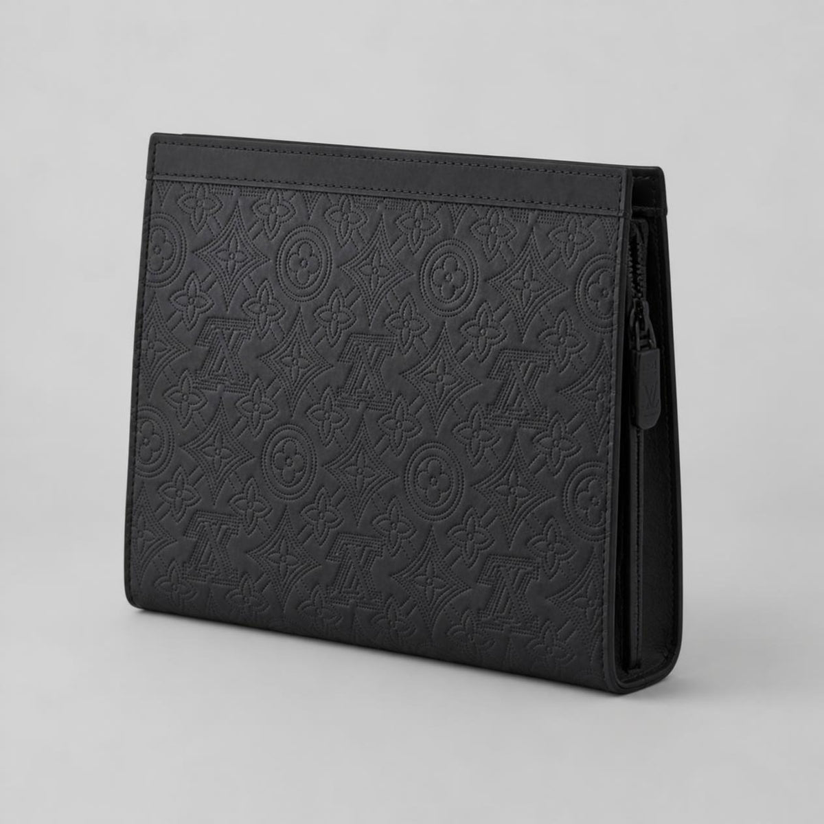 Black Embossed Leather-Look Clutch with Geometric Floral Pattern