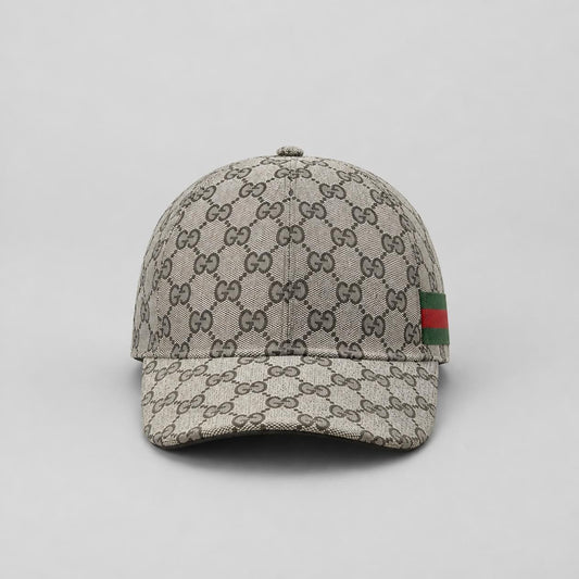 Beige Monogram-Print Baseball Cap with Green and Red Side Stripe