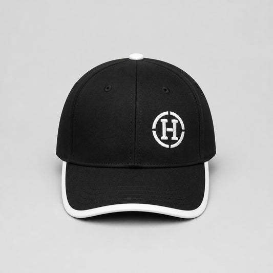 Black Six-Panel Cap with White Embroidered Circle Logo and Contrast Brim Trim
