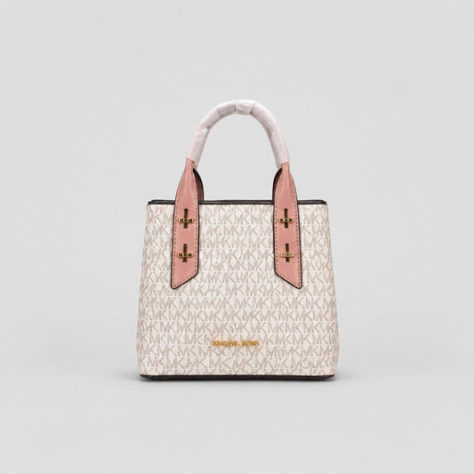 Cream MK Monogram Satchel with Pink Handle Accents