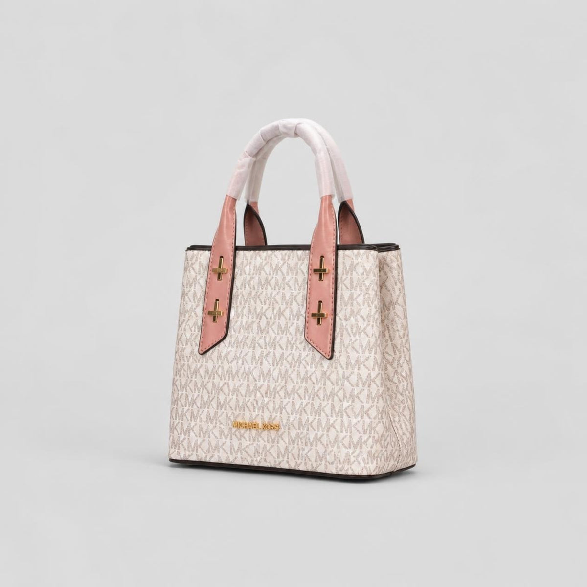 Cream MK Monogram Satchel with Pink Handle Accents