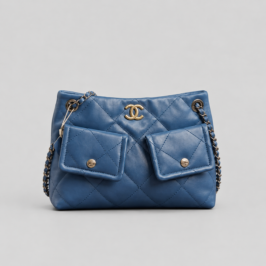 Elegant Blue Quilted Shoulder Handbag with Chain Strap
