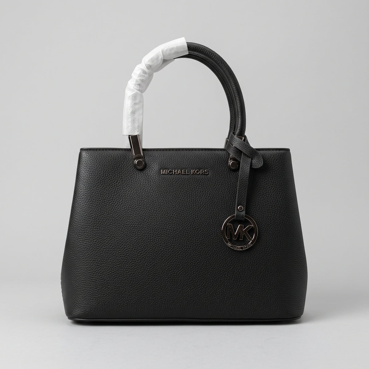 Women’s Black Pebbled Faux Leather Satchel Handbag with Gunmetal Hardware and Hanging Charm