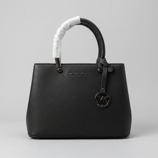 Women’s Black Pebbled Faux Leather Satchel Handbag with Gunmetal Hardware and Hanging Charm