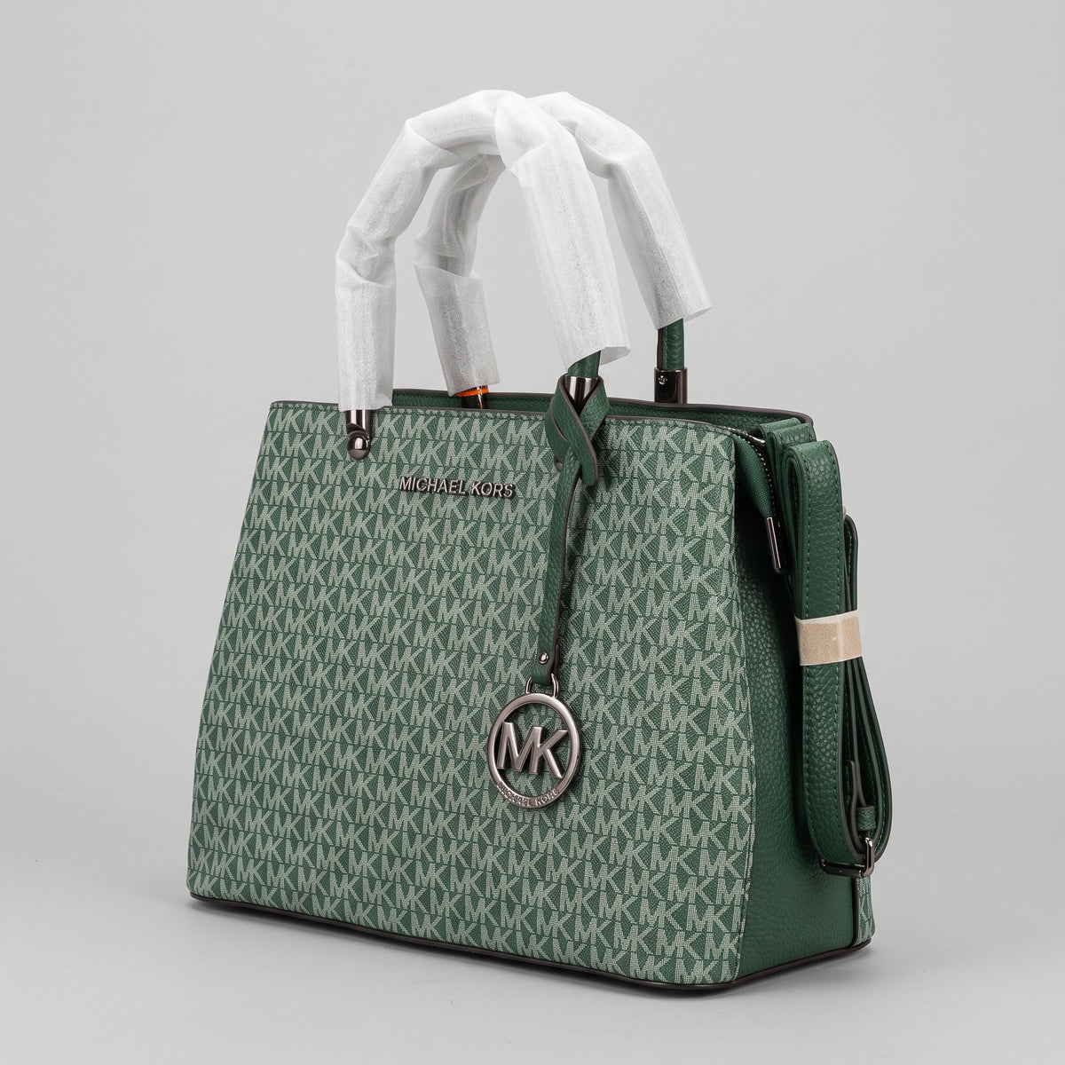 Women’s Emerald Green Printed Satchel Handbag with Gunmetal Hardware, Hanging Charm and Detachable Strap