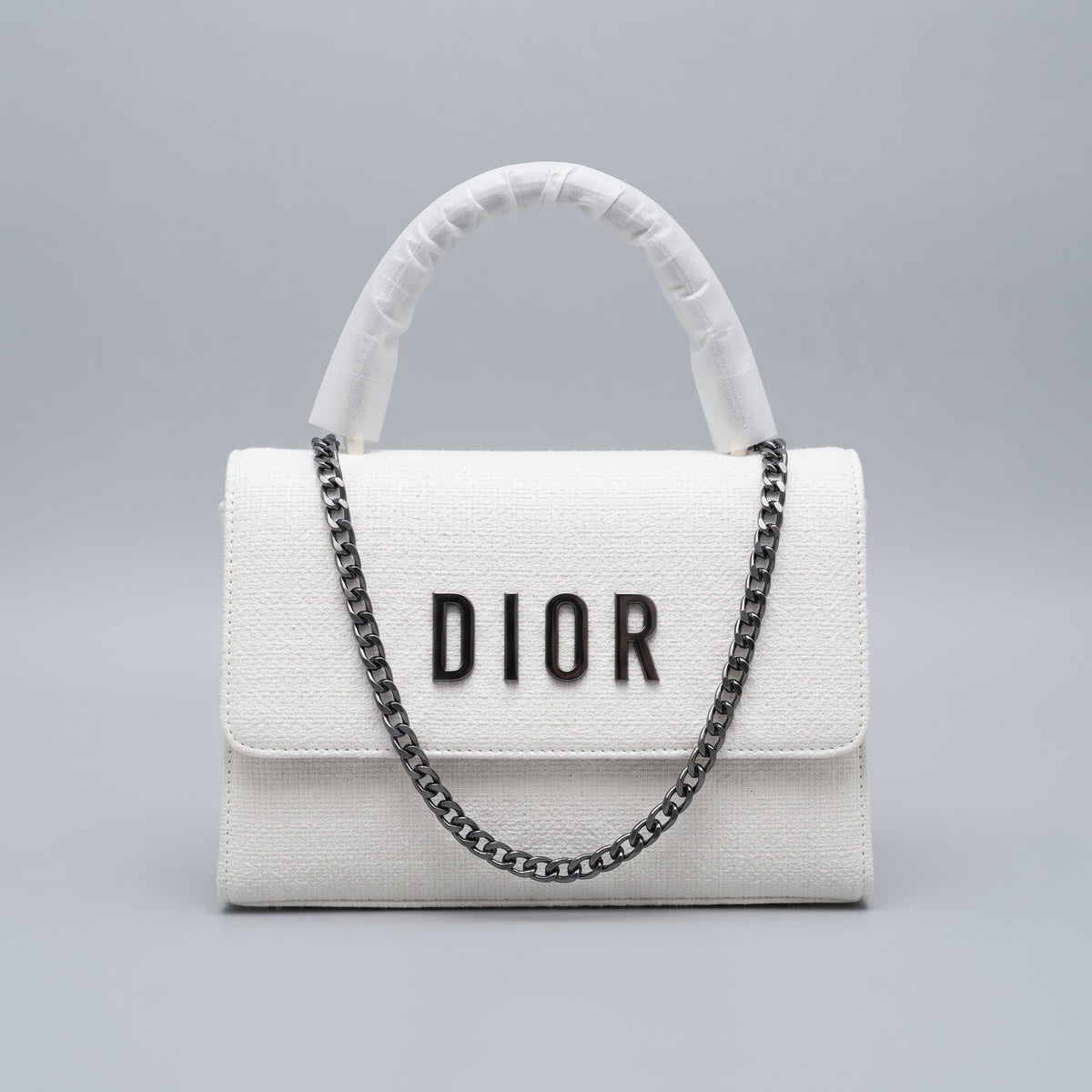 White Top-Handle Flap Handbag with Detachable Chain Strap