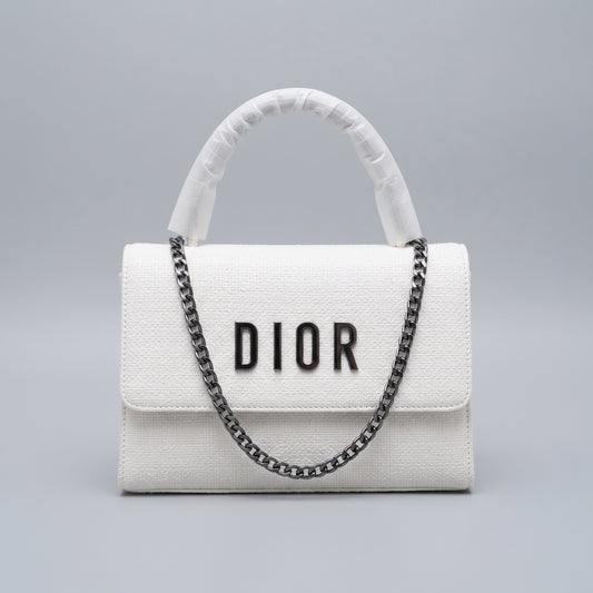 White Top-Handle Flap Handbag with Detachable Chain Strap