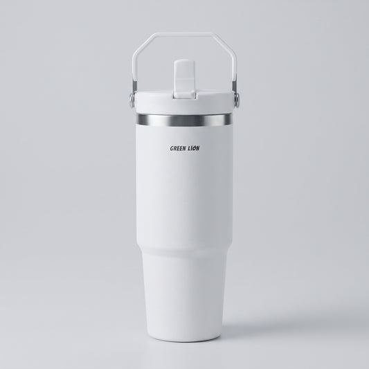 White Tumbler with Flip Straw Lid and Carry Handle - Large Travel Cup
