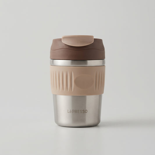 Travel Coffee Tumbler with Flip Lid and Silicone Grip Sleeve - Steel / Pink
