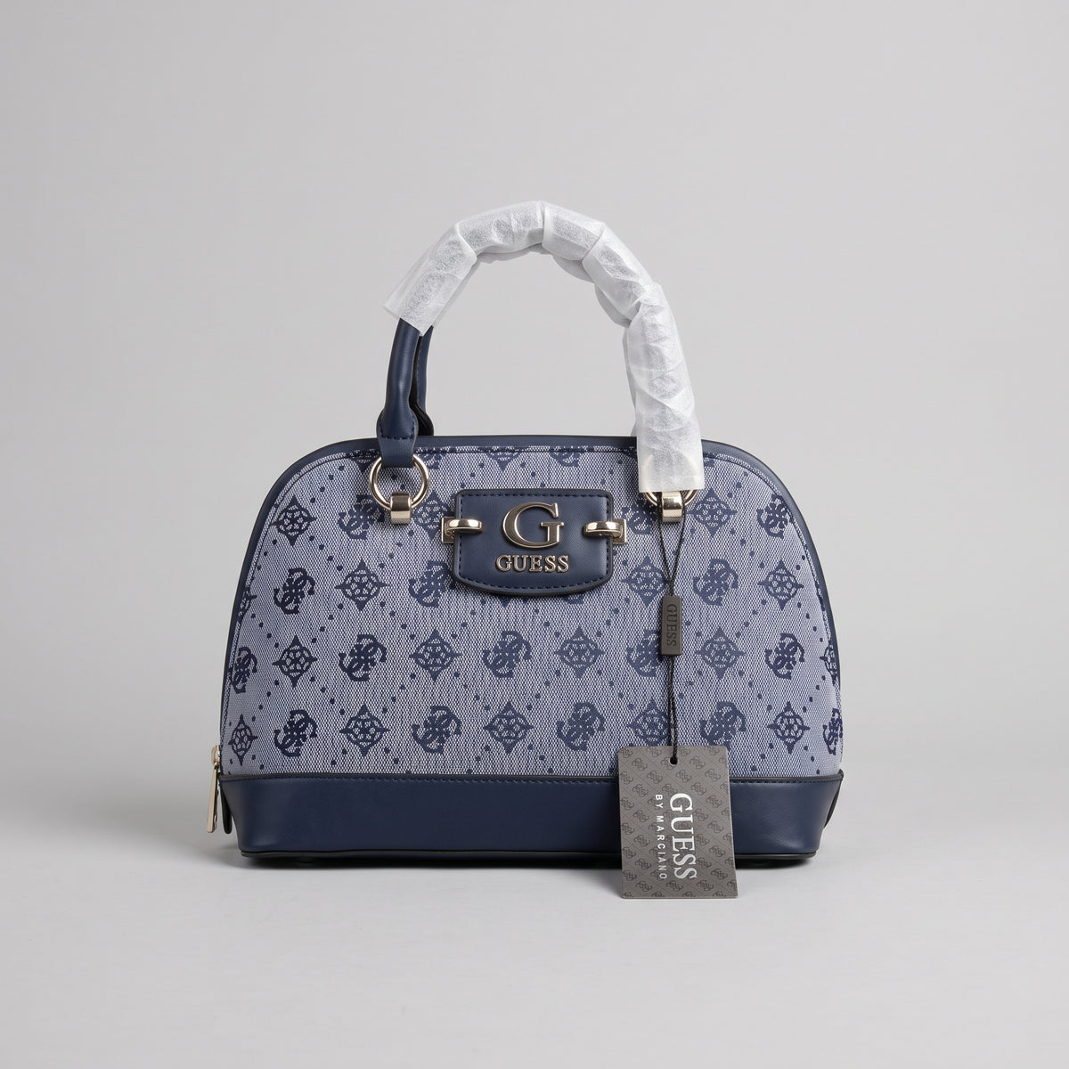 Women’s Navy Blue Jacquard Dome Satchel Handbag with Gold Hardware and Top Handle