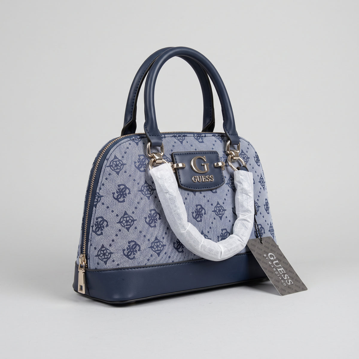 Women’s Navy Blue Jacquard Dome Satchel Handbag with Gold Hardware and Top Handle