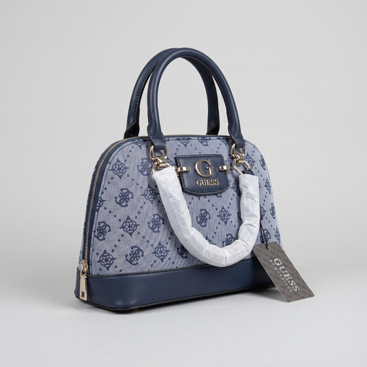 Women’s Navy Blue Jacquard Dome Satchel Handbag with Gold Hardware and Top Handle