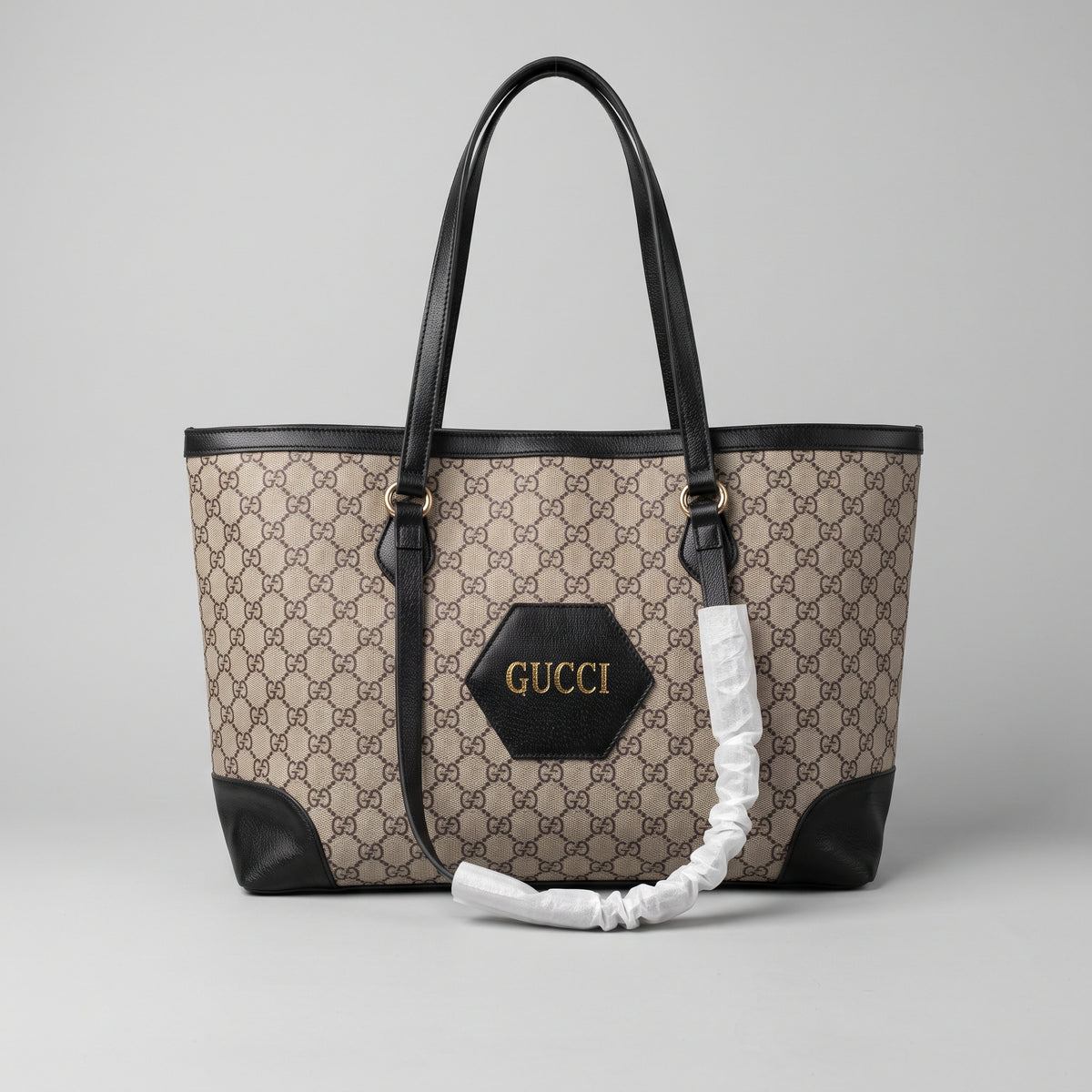 Women’s Beige & Brown Monogram Canvas Tote Bag with Black Leather-Look Trim and Long Shoulder Handles