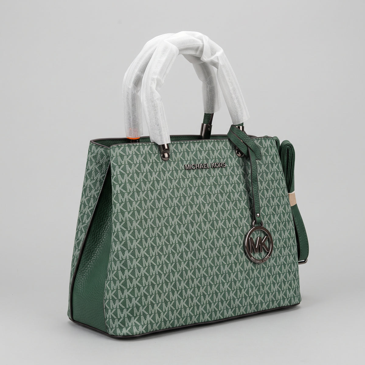 Women’s Emerald Green Printed Satchel Handbag with Gunmetal Hardware, Hanging Charm and Detachable Strap