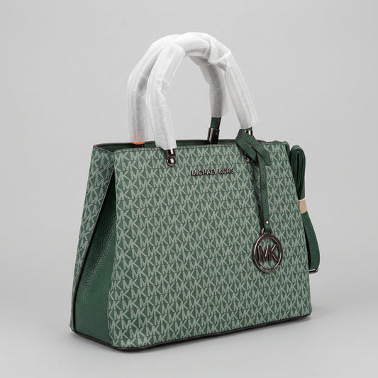 Women’s Emerald Green Printed Satchel Handbag with Gunmetal Hardware, Hanging Charm and Detachable Strap